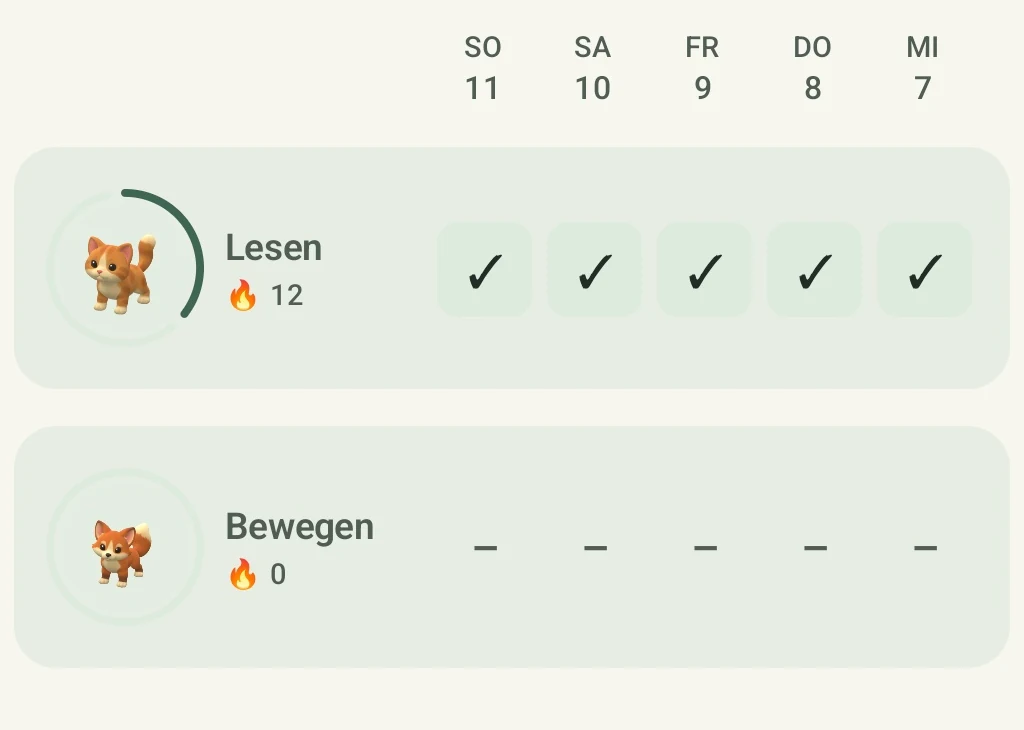 Zwei Routinen mit Tierbegleitern und Tagesfeldern